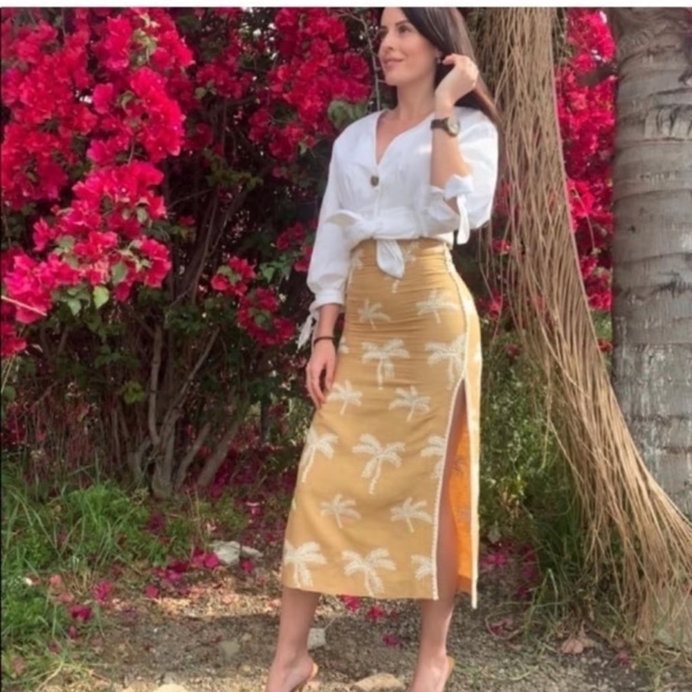 ZARA Linen- blend embroidered palms skirt